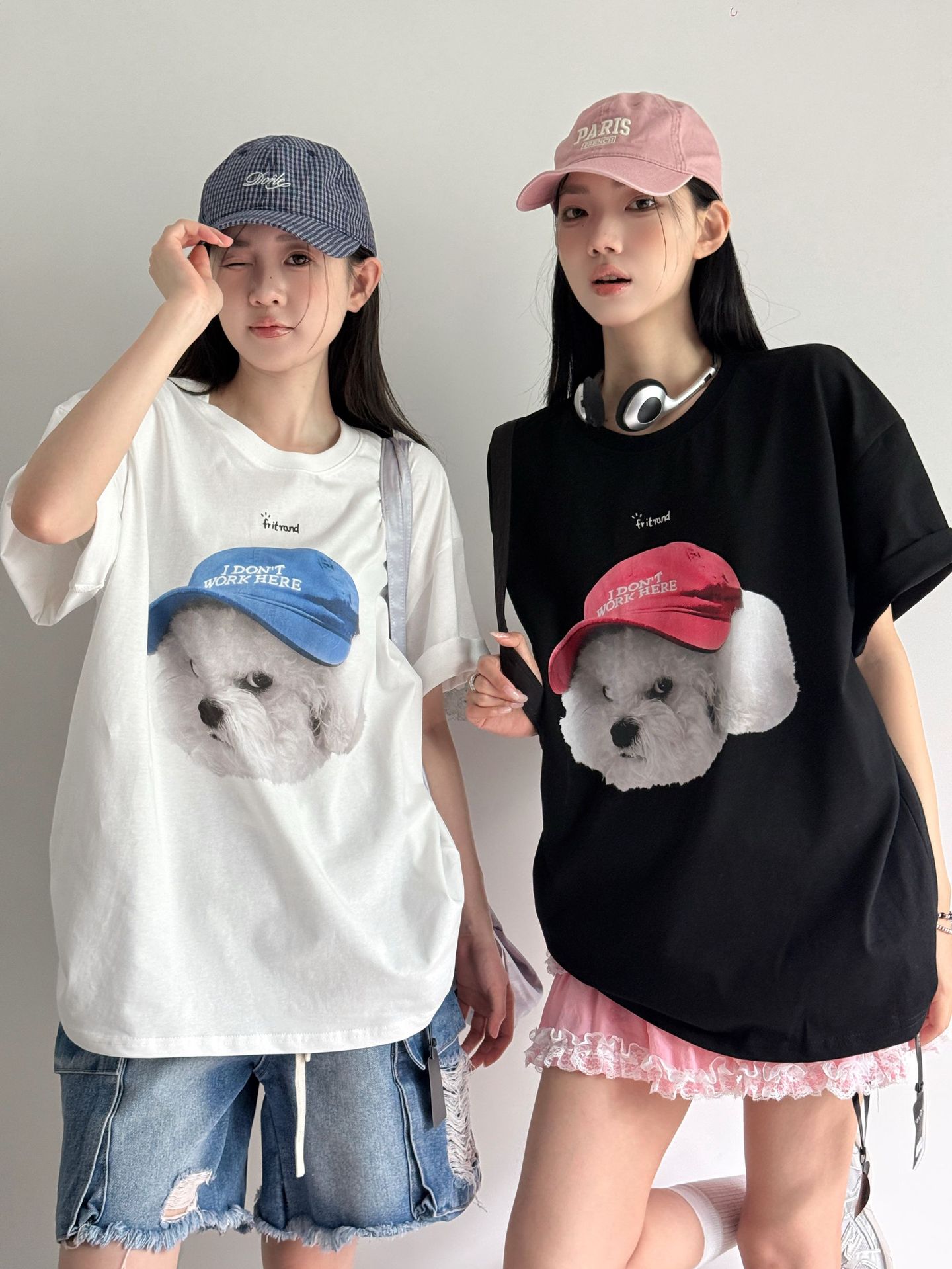韓国ファッション キャップ犬プリント半袖Tシャツ