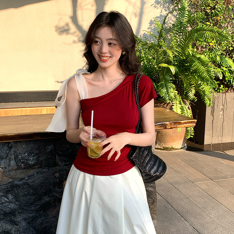 韓国ファッション アシンメトリーリボンブラウス