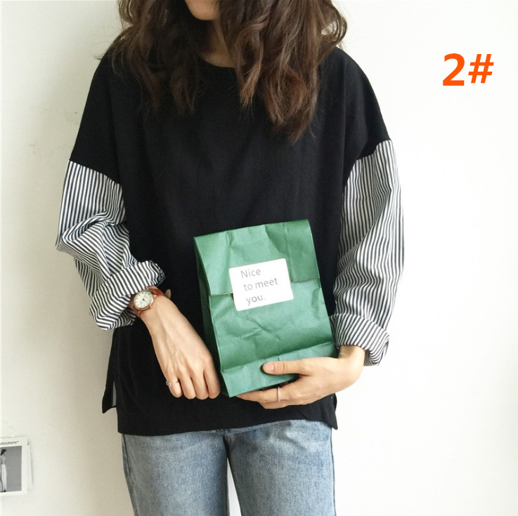 韓国ファッション 2025年新作 切り替え長袖トップス ストライプ袖 レディース 韓国風 2色