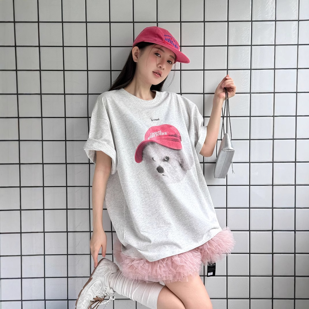 韓国ファッション キャップ犬プリント半袖Tシャツ