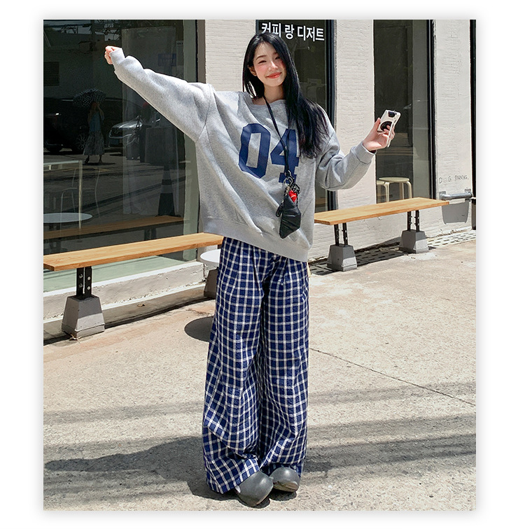 韓国ファッション ゆったりチェックワイドパンツ