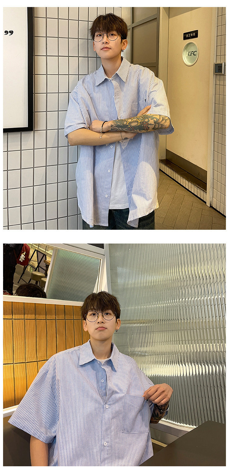韓国ファッション ゆったりストライプ半袖シャツ