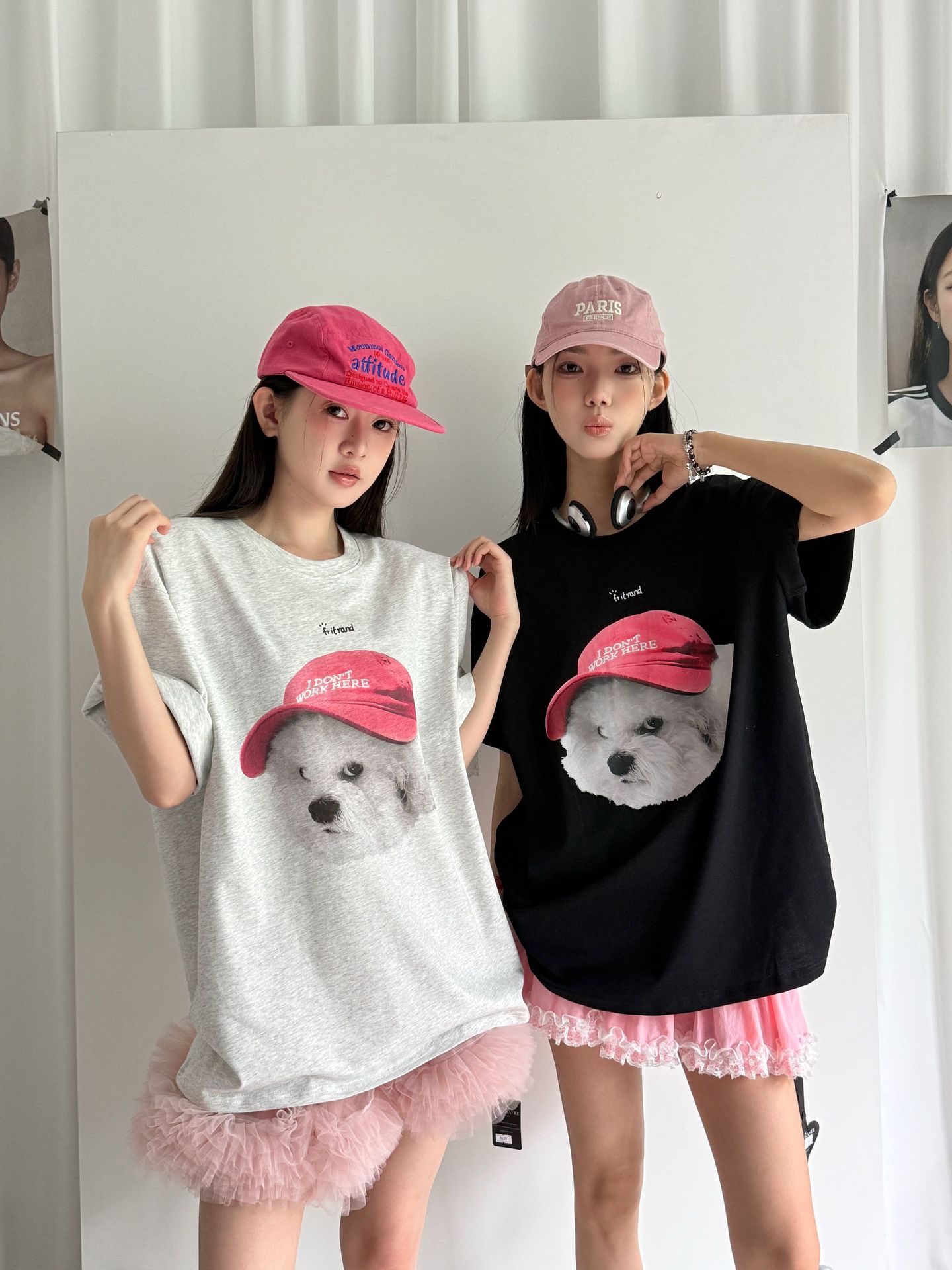 韓国ファッション キャップ犬プリント半袖Tシャツ