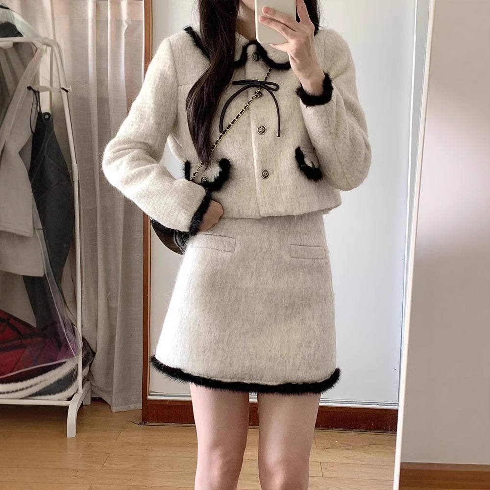 ジャケットセットアップ ふわもこ襟付きツーピースセット
