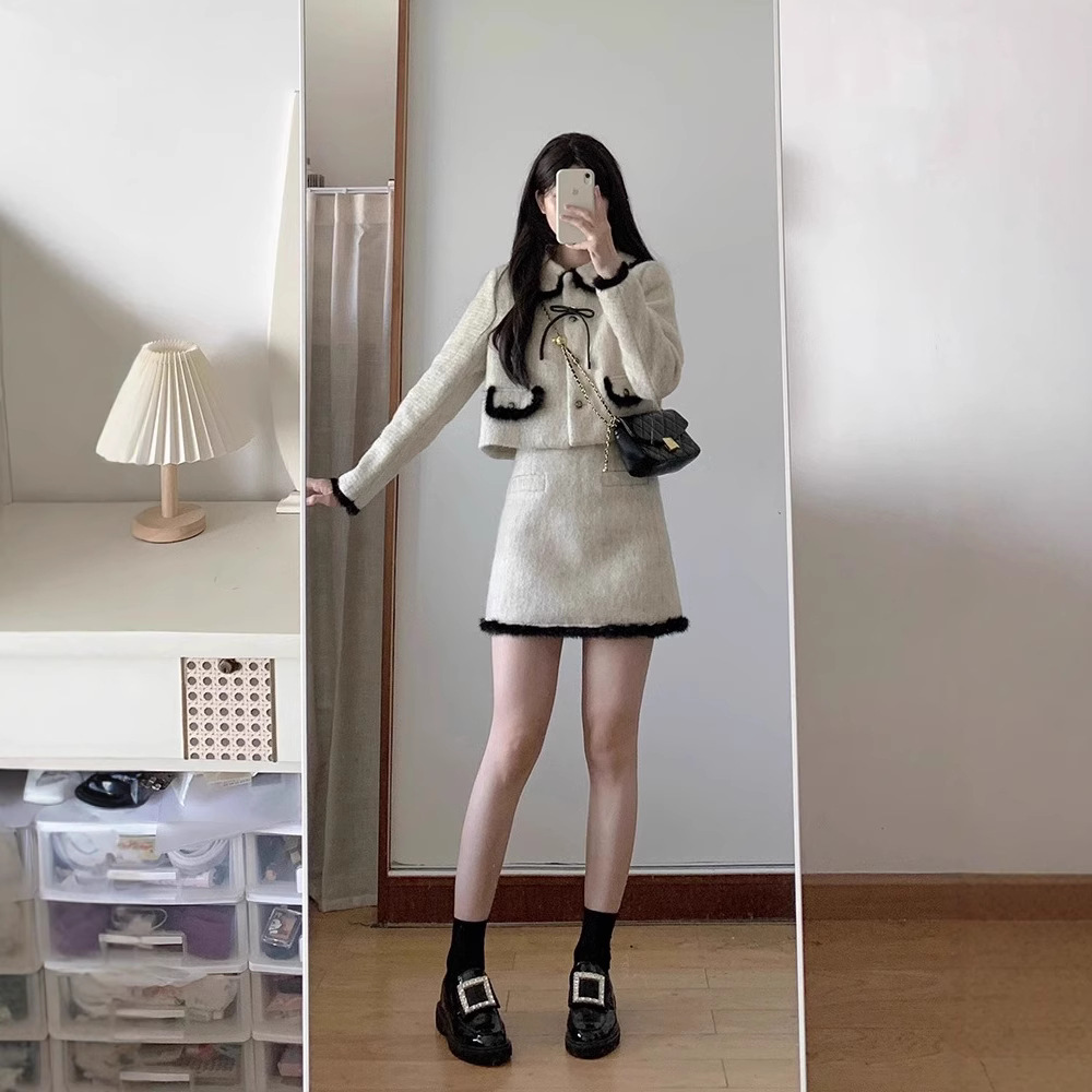 ジャケットセットアップ ふわもこ襟付きツーピースセット