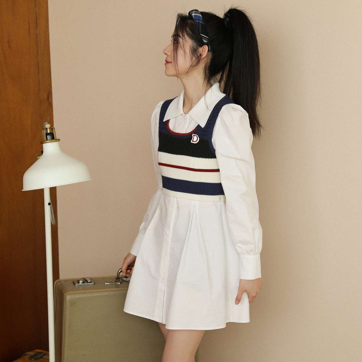 シャツワンピース レトロ風カレッジニットワンピース