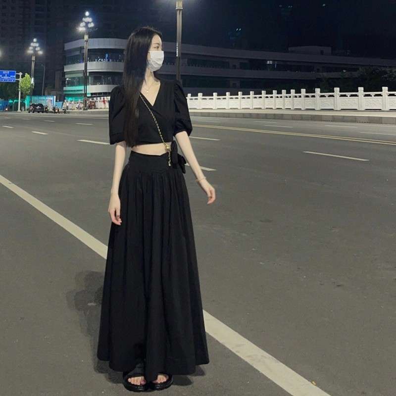 シャツワンピース クロップトップパフスリーブセット