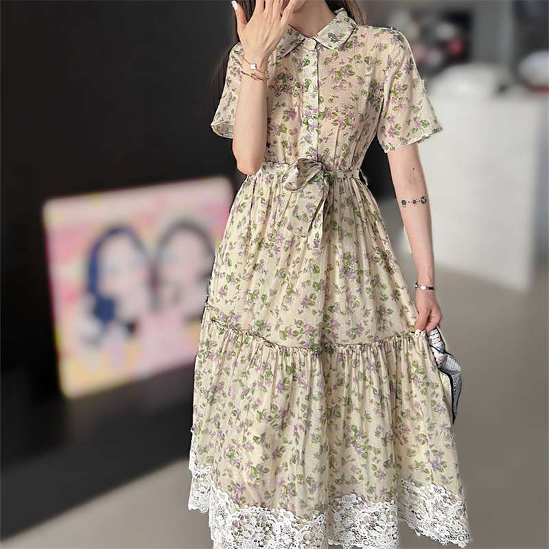 花柄レース付きシャツワンピース