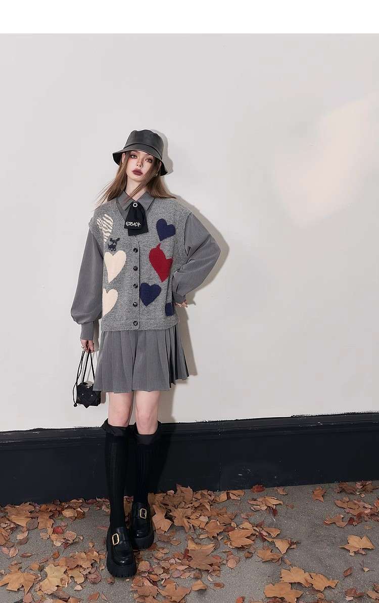 シャツワンピース ハートモチーフニットベスト付きワンピース