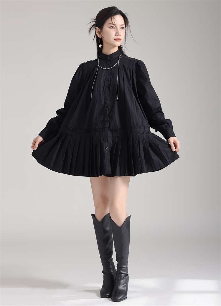 プリーツデザイン ゆったりシャツワンピース