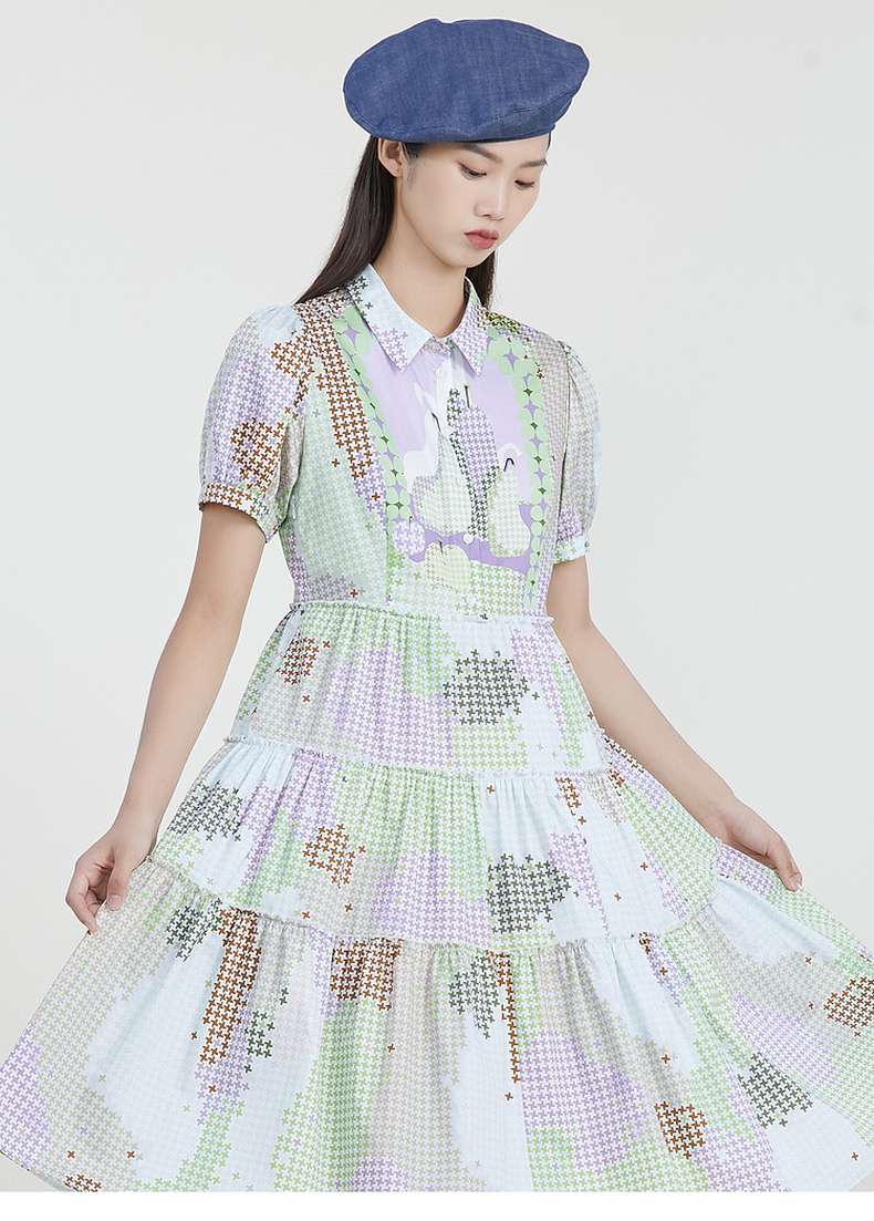 シャツワンピース パッチワーク柄ティアードワンピース