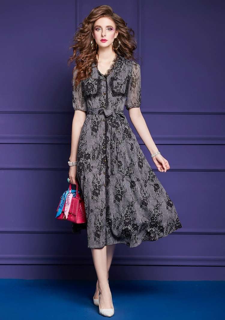 花柄レースシャツワンピース