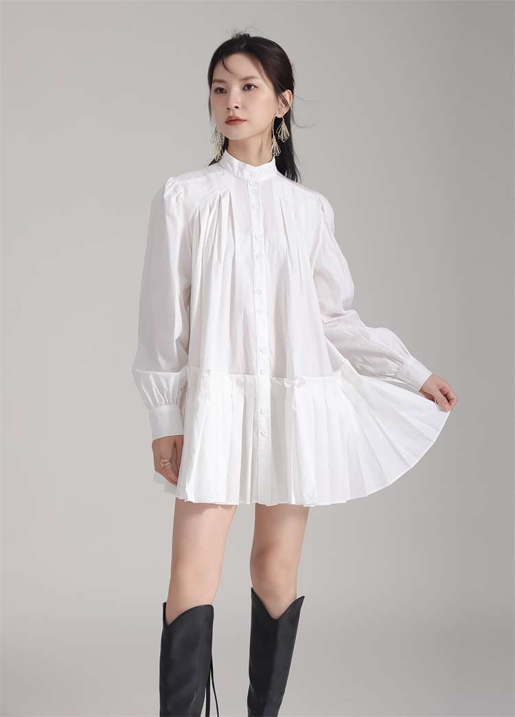 プリーツデザイン ゆったりシャツワンピース