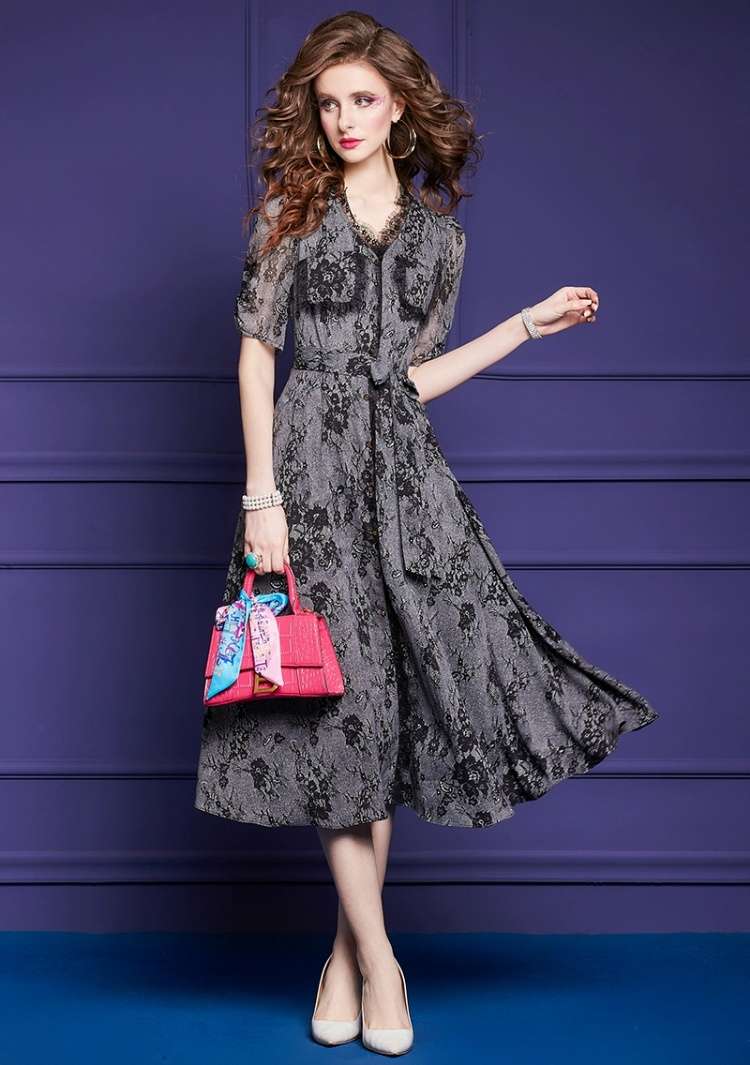 花柄レースシャツワンピース
