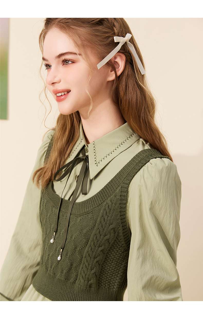 シャツワンピース レトロ風レイヤード風ワンピース