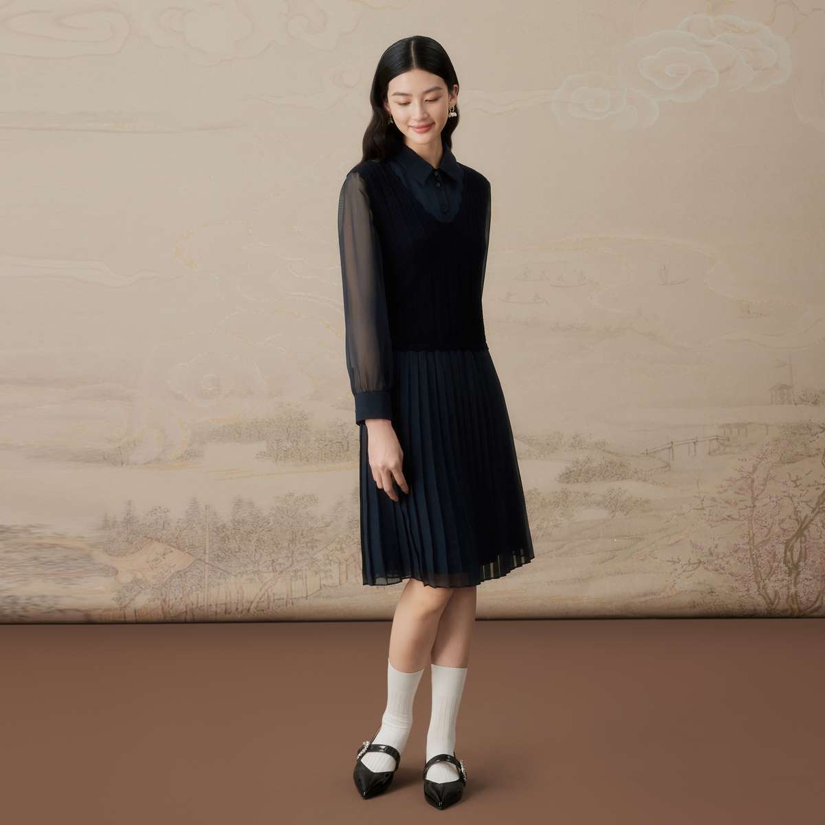 シフォンプリーツシャツワンピース