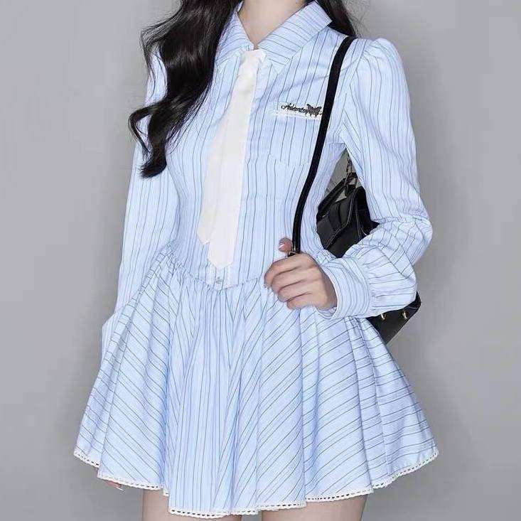 シャツワンピース 甘めシルエットのストライプワンピース