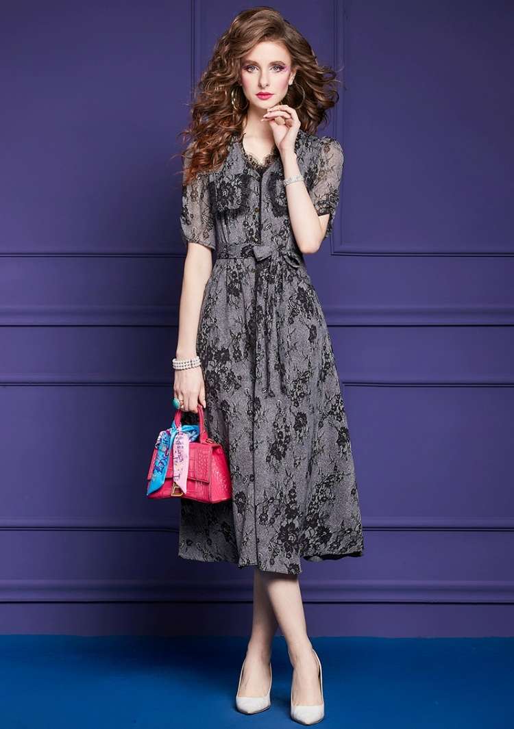 花柄レースシャツワンピース