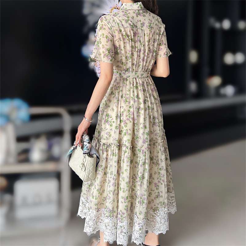花柄レース付きシャツワンピース