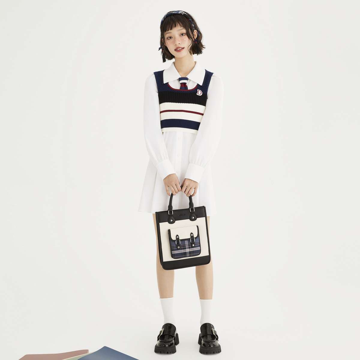 シャツワンピース レトロ風カレッジニットワンピース