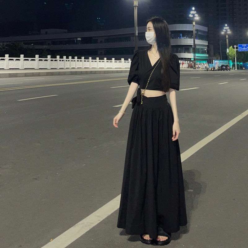 シャツワンピース クロップトップパフスリーブセット
