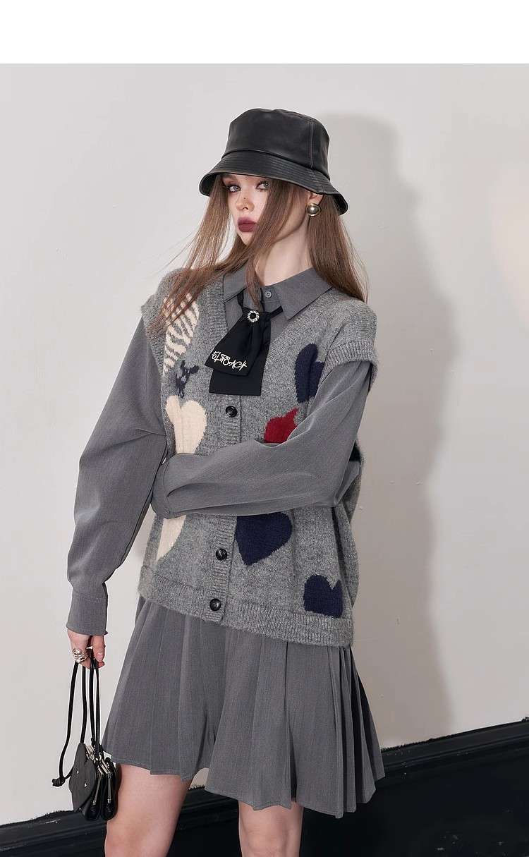 シャツワンピース ハートモチーフニットベスト付きワンピース