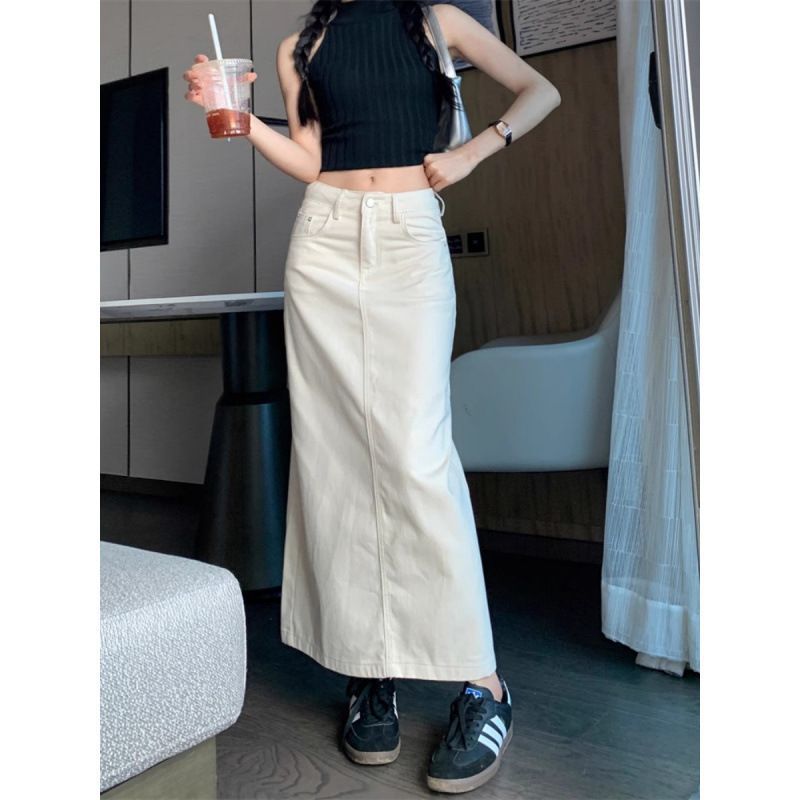 白スカート すっきりロングデニムスカート