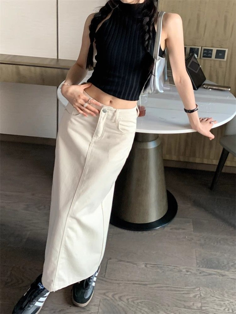 白スカート すっきりロングデニムスカート