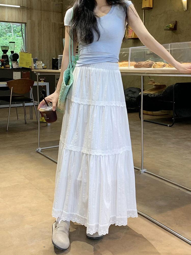 白スカート レースふんわりティアードロングスカート
