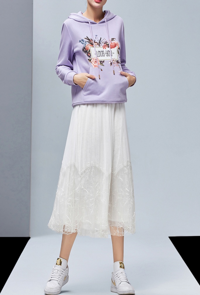 白スカート フレアミモレ丈チュール刺繍スカート
