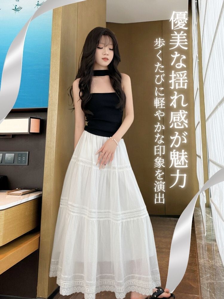 白スカート ティアードレース プリーツロング