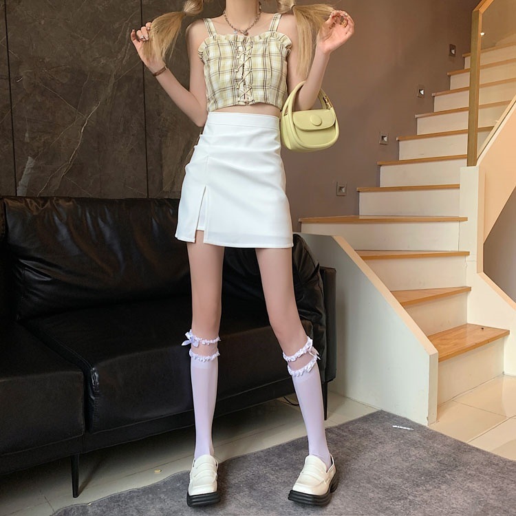 白スカート スリットデザイン台形ミニスカート