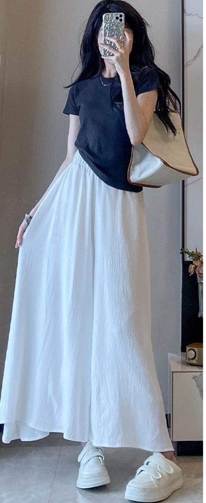 白スカート 涼感素材ゆったりフレアロングスカートパンツ