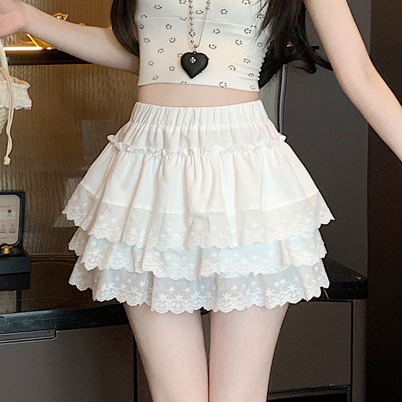 白スカート レース重ね花柄ティアードスカート