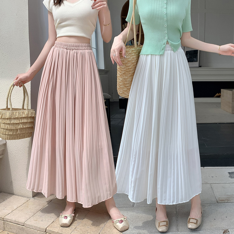 白スカート 光沢感ウェーブプリーツロングスカート