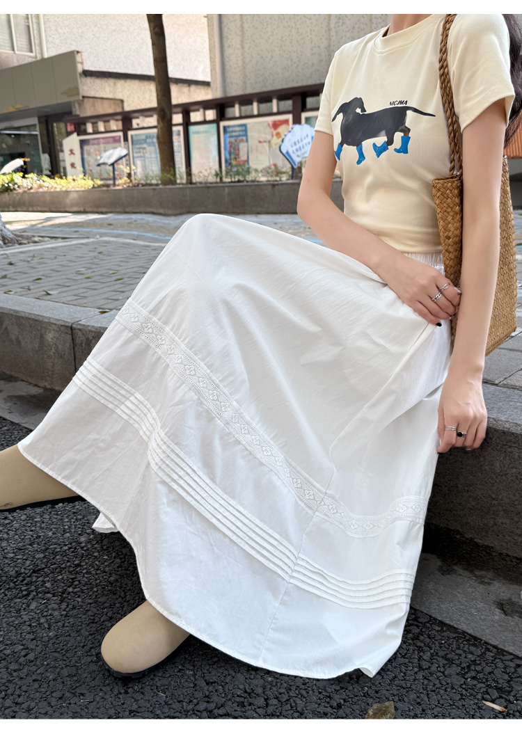 白スカート 花レース装飾 ロングプリーツスカート