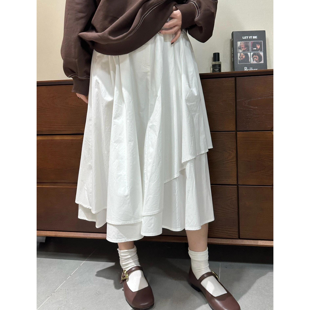 白スカート 優美な段重ねロングスカート