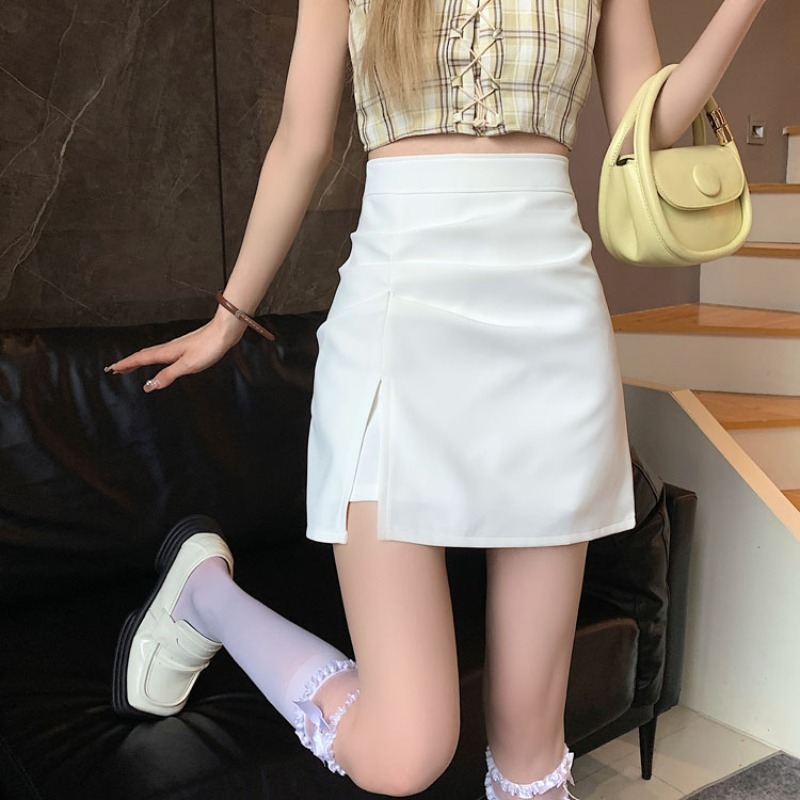白スカート スリットデザイン台形ミニスカート