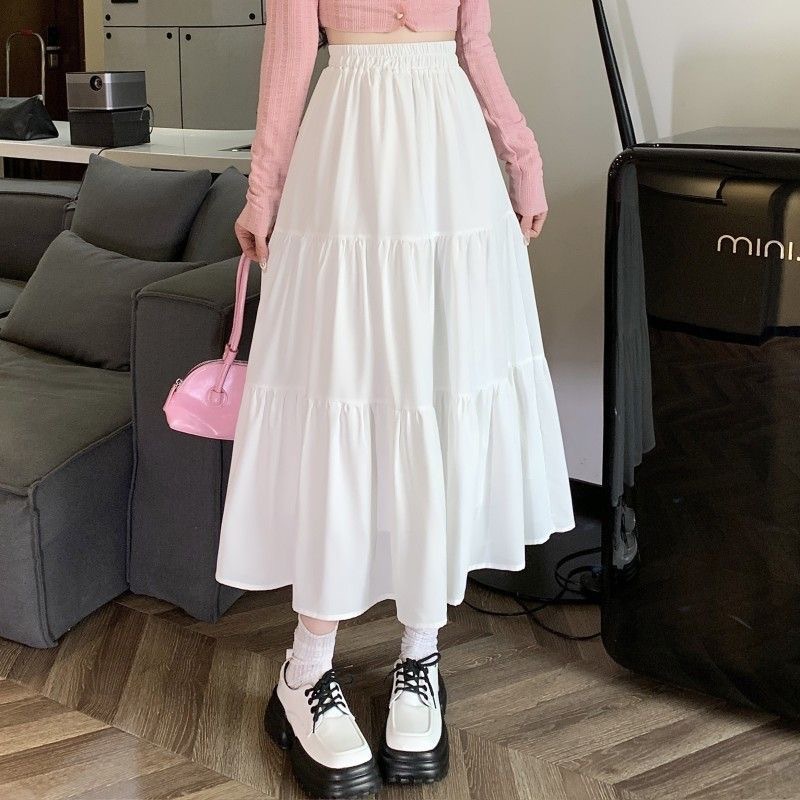 白スカート ティアードプリーツロングスカート