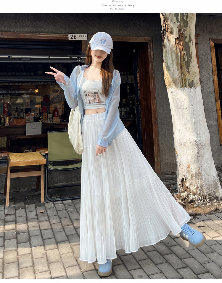 白スカート 優美な三段プリーツロングスカート