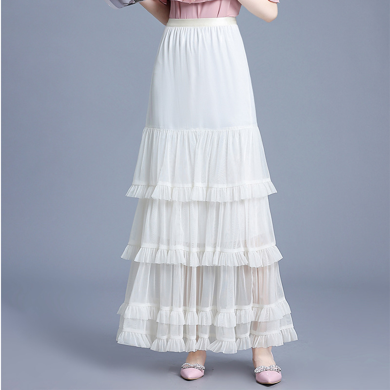 白スカート 華やかな重ね段フリルロングスカート
