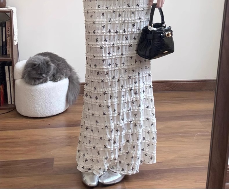 白スカート 格子模様ツイードロングスカート