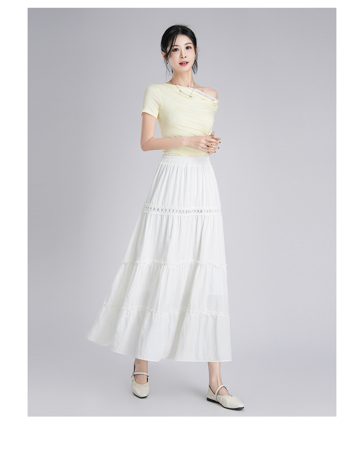 白スカート 優雅な段プリーツロングスカート