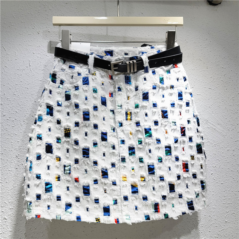 白スカート カラフル装飾ほつれデザインタイトミニスカート