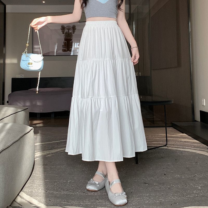 白スカート ティアードプリーツロングスカート