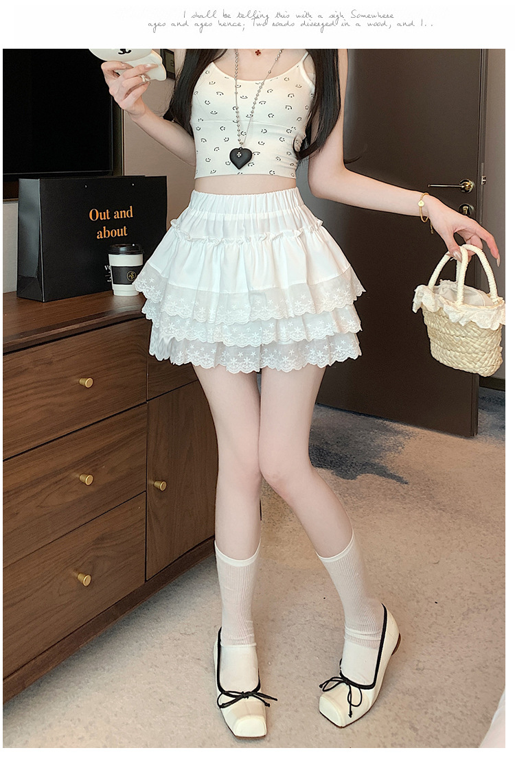 白スカート レース重ね花柄ティアードスカート
