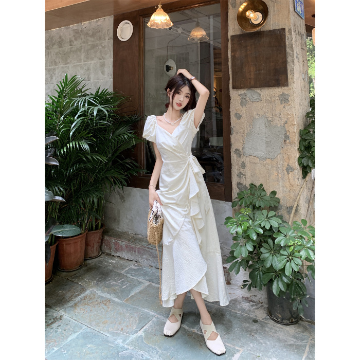 白スカート フリルラップ風マキシスカート