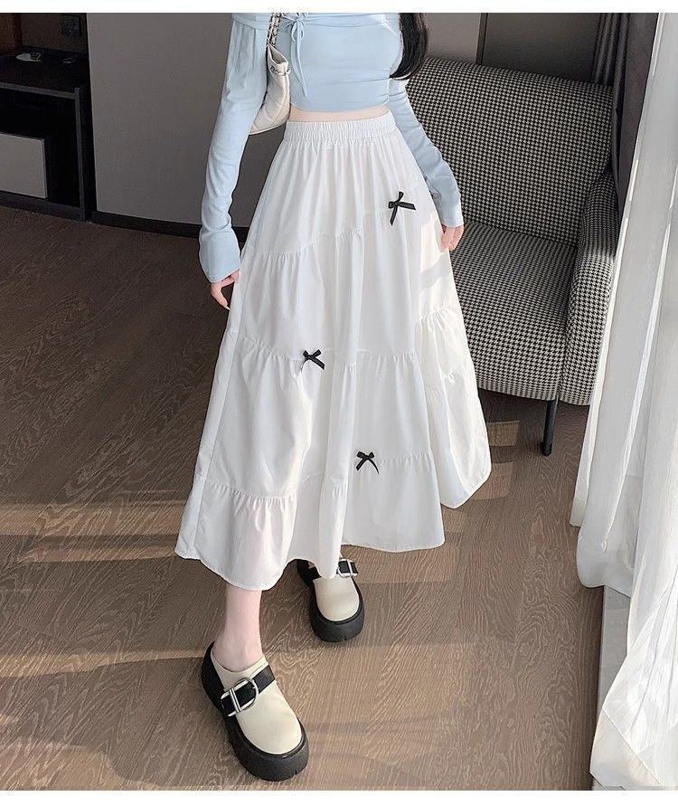 白スカート リボン飾りティアードロングスカート