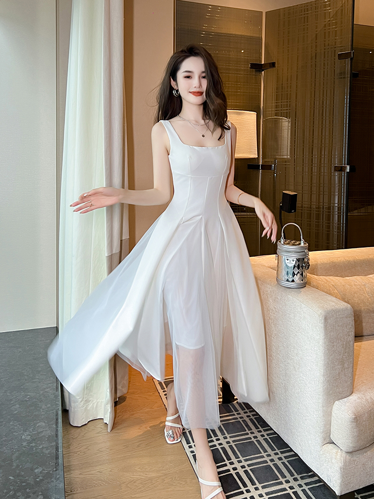 白スカート 優美なチュールマーメイドワンピース