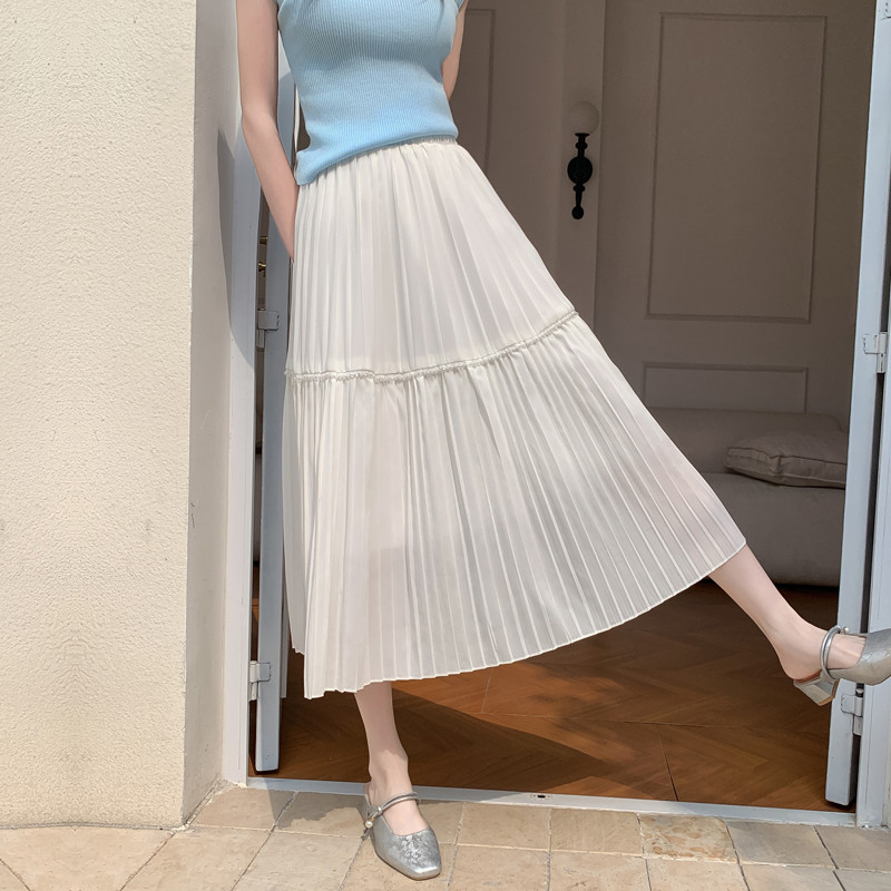 白スカート 段々切替えティアードプリーツロングスカート